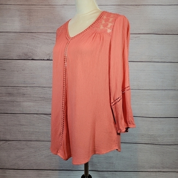 JOHN Paul Richard Textured Lace 3/4 Sleeve Blouse Coral Size Medium - Picture 5 of 6